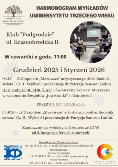 Harmonogram wykładów Uniwersytetu Trzeciego Wieku – grudzień 2025 i styczeń 2026